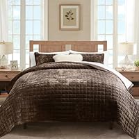 RECYCO Luxury Velvet Quilt Set King Size Bedding Sets, Ultra Soft Velvet Comforter Set, Lightweight Channel Box Stitch Oversized Bedspread Coverlet for All Season, with 2 Shams, Walnut Brown
