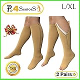 Presadee Seniors 15-20 mmHg and 20-30 mmHg Zipper Compression Easy Zip Up Socks Swelling Calf Leg Day and Night 2 Pack (L/XL, Beige)