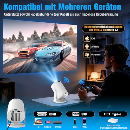 Portable Mini Projector 4K with WiFi 6 and Bluetooth, Small Projector for Travel, 360° Rotating Base, Power Bank Connection and Mobile Phone Pairing, Ideal for Home Cinema and Portable Projector 4K
