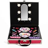 IQ Toys Pretend Play Makeup Cosmetic Set for Princess Girls in Sturdy Hot Pink Case with Built in Lights and Mirror, Non-Toxic, Washable Makeup Kit