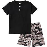 FtcoDcik Boy's 2-Piece Summer Outfit Short Sleeve Henley Tee and Shorts Set Casual Clothes for 6-13 Years Kids