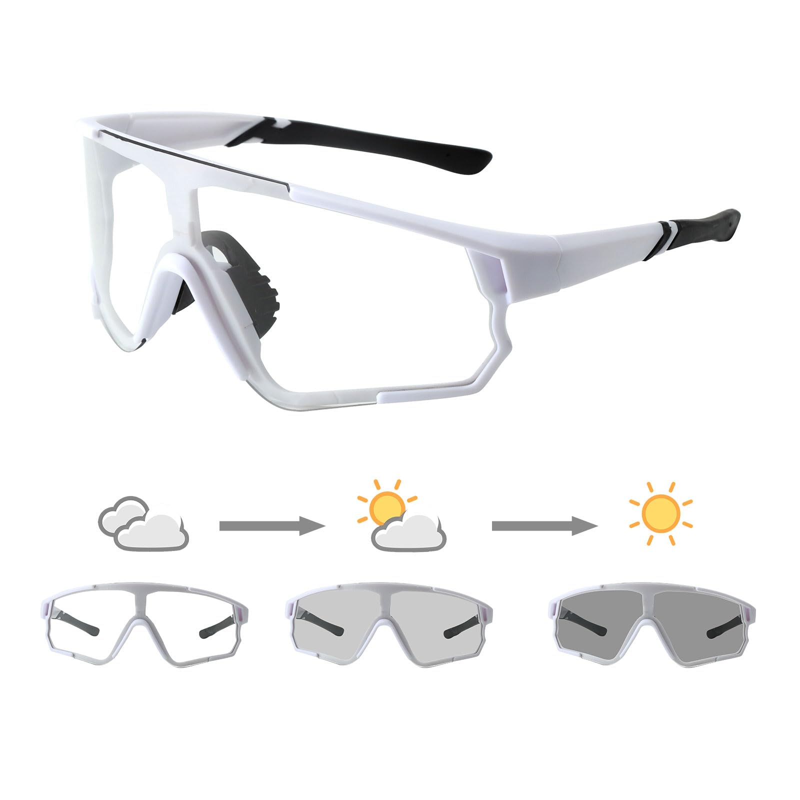 Long Keeper Photochromic Cycling Sunglasses Mountain Bike Riding Glasses for Women Men Sports Sunglasses UV400 (White)