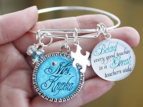 Personalized Teacher Aide Bangle Bracelet choice of color and charm teacher gift jewelry kindergarten preschool elementary autism school