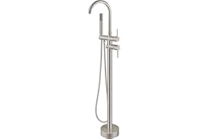 Aolemi Floor Mount Bathtub Faucet Freestanding Tub Filler Standing High Flow Shower Faucets Shower Mixer Taps, Swivel Gooseneck Spout with Cylinder Handheld Brushed Nickel