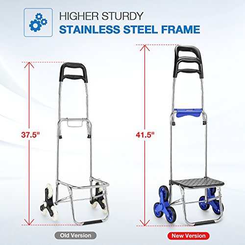 Folding Shopping Cart Extended Handle Stair Climbing Cart with Quiet Rubber Tri-Wheels Grocery Foldable Utility Cart with Upgraded Bottom PlatformÂ to Prevent Sagging