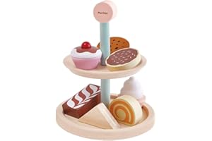 PlanToys Wooden Two-Tier Bakery Stand Set with Baked Food Items (3489) | Sustainably Made from Rubberwood and Non-Toxic Paints and Dyes