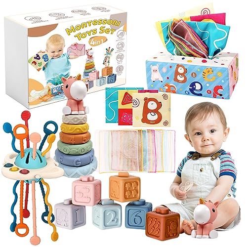 FEBALHS Montessori Toys for 1+ Year Old, 4 in 1 Baby Toys 1+ Year Old, Soft Stacking Blocks Teething Toys, Activity Toy, Tissue Box Toy