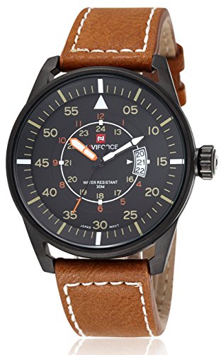 Voeons Men‘s Watches Brown Leather Strap Quartz Auto Date Casual Watch