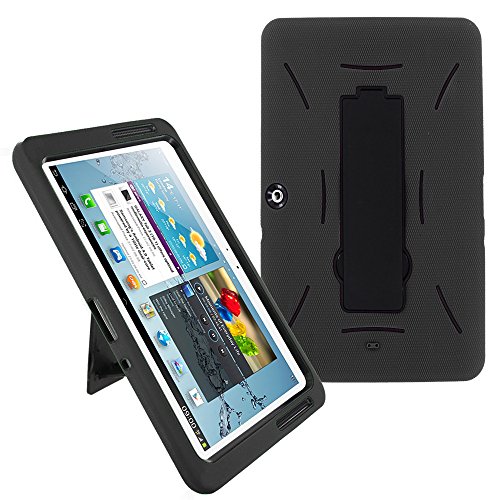 Galaxy Tab 2 10.1 Case KIQ (TM) Heavy Duty Hybrid Silicone Skin Hard Plastic Case Cover w/ Kick Stand for Samsung Galaxy Tab 2 10.1 P5100 (Black / Black)