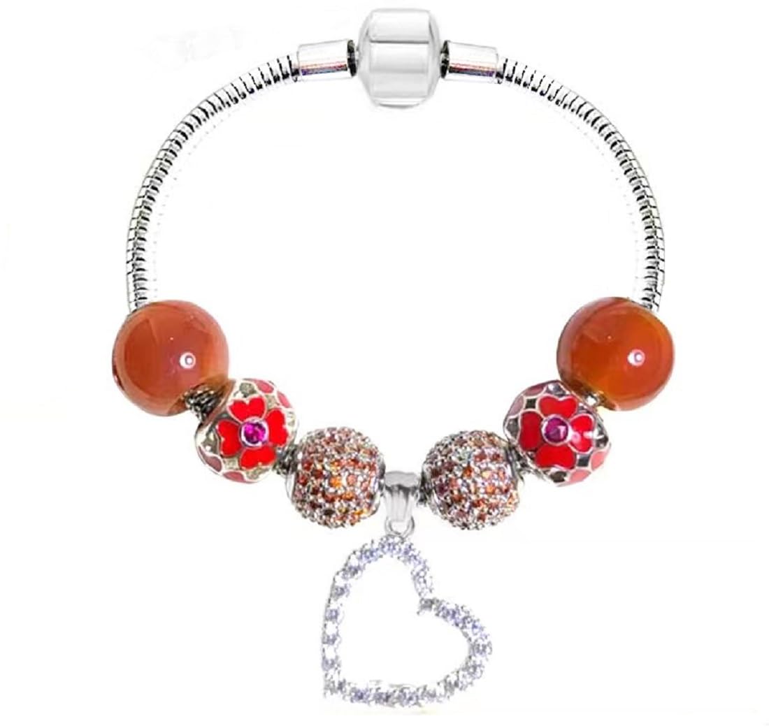 White Birch Synthentic Red Granet Charm Bracelet January Birthstone Birthday Gift 20 cm Medium Size for Women Jewelry