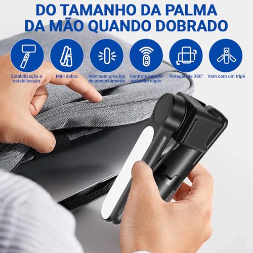 Estabilizador Celular, Estabilizador Portátil de Eixos para Celular, Eixos com Luz de Preenchimento, Tripé, Controle Remoto, Rotação 360° Automática
