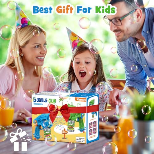 Nicmore 2 Electric Bubble Gun Children: Bubble Machine with 2 Soap Bubbles Refill Solution & LED Light One Button Start & Leak-Proof Bubble Gun for Outdoor Party (3+ Years)