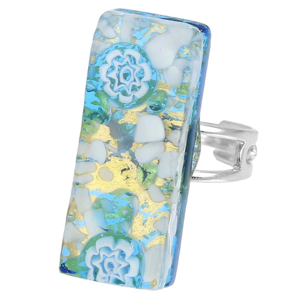 Glass Of Venice Murano Glass Venetian Reflections Rectangular Adjustable Ring - Aqua Gold