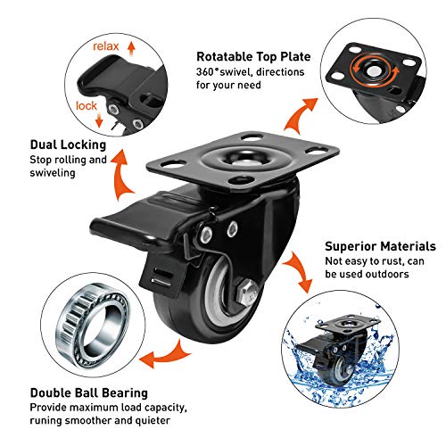 4-Pack 2-Inch L-Shaped Locking Caster Wheels – Double Ball Bearing Rubber Casters With Brake