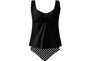 Women's Two Piece Tankini Swimsuit Ruffle Trim Ruched Bathing Suit with Polka Dot Briefs Elastic Summer Beachwear