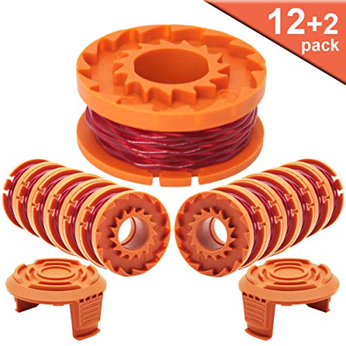 Faraer WA0010 Spool for Worx Trimmer Grass Edger String 10ft 0.065" Autofeed Spool Line WA0004 Compatible with Worx WG180 WG163 Weed Eater 14 Pack (12 Trimmer Spools and 2 Trimmer Spool Cap)