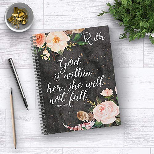 She Will Not Fall Personalized Religious Notebook/Journal, Laminated Soft Cover, 120 Checklist pages, lay flat wire-o spiral. Size: 8.5" x 11". Made in the USA