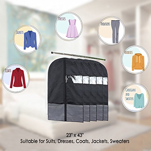 Kernorv 43" Breathable Dust-proof Garment Bags, Suit Bag with Clear Window, Garment Bags for Storage or Travel, Garment Bag Covers for Luggage, Suits, Coats, Jackets or Dresses, Set of 3 (Black)