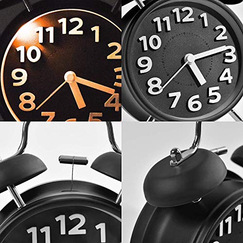 Kimdio 4'' Twin Bell Vintage Alarm Clock with Backlight, Metal Frame Stereoscopic Dial, Battery Operated Travel Clock, Desk Table Clock for Kids, Home, Office etc. (Black) - Thumbnail 4