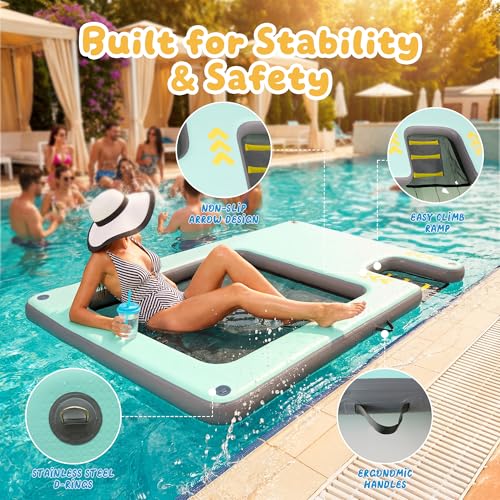 Inflatable Floating Dock with Dog Ramp, Large Floating Island Platform for Adults and Pets, Mesh Water Hammock with Non-Slip Steps, Heavy-Duty Floating Dock for Lake, Pool, River and Ocean