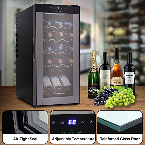 NutriChef Compressor Refrigerator White & Red Chiller Countertop Cooler-Freestanding Compact Mini Wine 15 Bottle Capacity, Digital, Glass Door, Black, Quiet Operation Fridge Touch Temperature Control