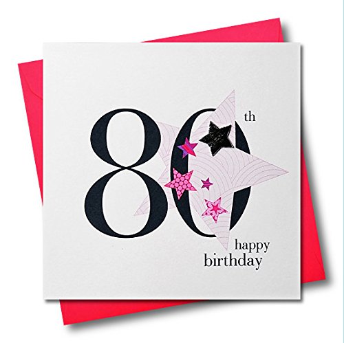 Claire Giles Greeting Cards, Happy 80th Birthday Card, Pink Star Age 80 Greeting Card, Embellished with a Padded Star