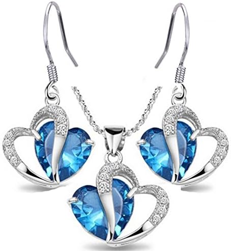 Finov Ocean Blue Crystal Heart in Heart Love Necklace and Earrings Set