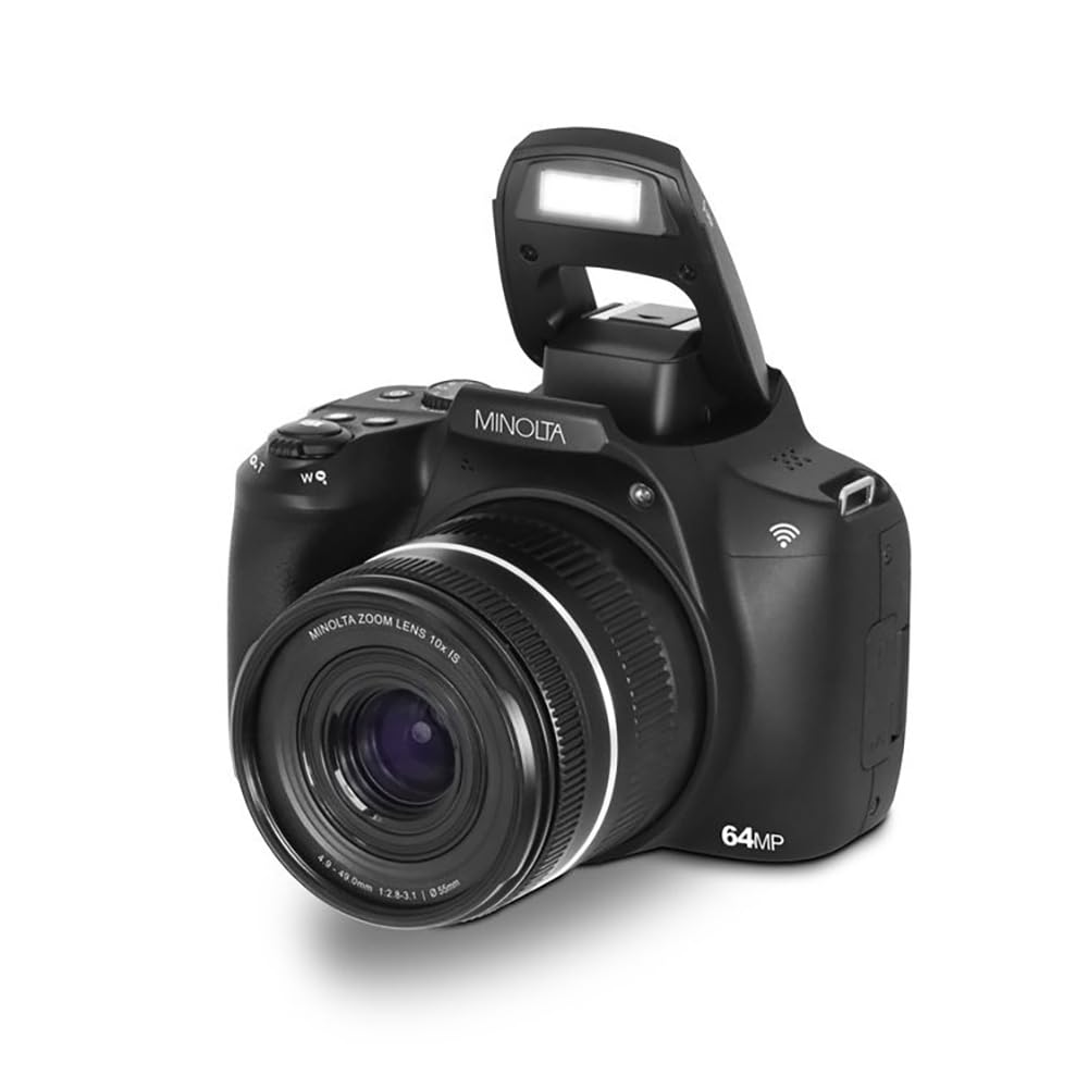 Minolta ProShot 64MP Digital Camera – 10x Optical Zoom, 4K Ultra HD Video, Macro Shooting, Anti-Shake, 3-inch LCD Screen, Face Detection – Includes 32GB SD Card, Battery & Case (Black)