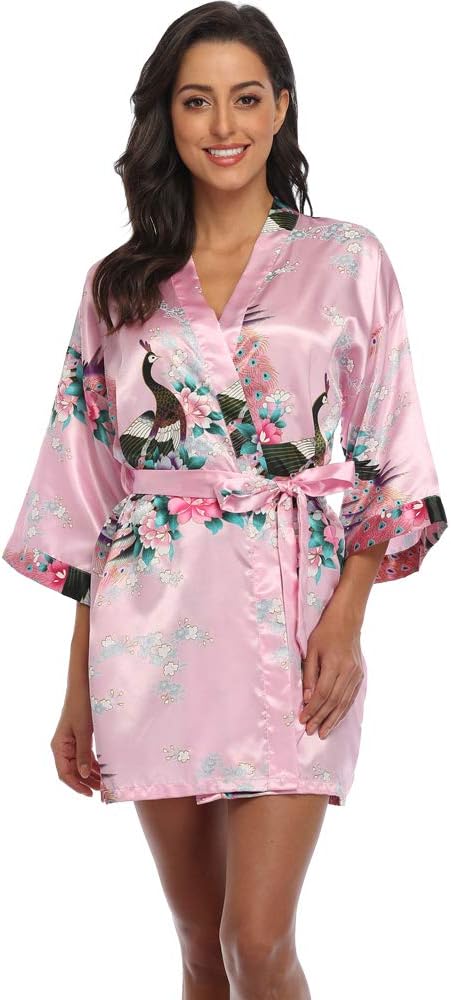 Women's Short Kimono Robe Floral Bathrobe Wedding Bridesmaids Robes Satin Dressing Gown
