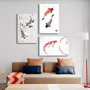 3 Panel Canvas Wall Art - Watercolor Style Colorful Goldfish in The Pond - Giclee Print Gallery Wrap Modern Home Art Ready to Hang - 16"x24" x 3 Panels