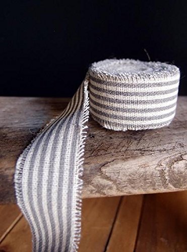 10 Yards of 1 Inch Wide Charcoal and Off-White Striped Linen Ribbon with Frayed Edge