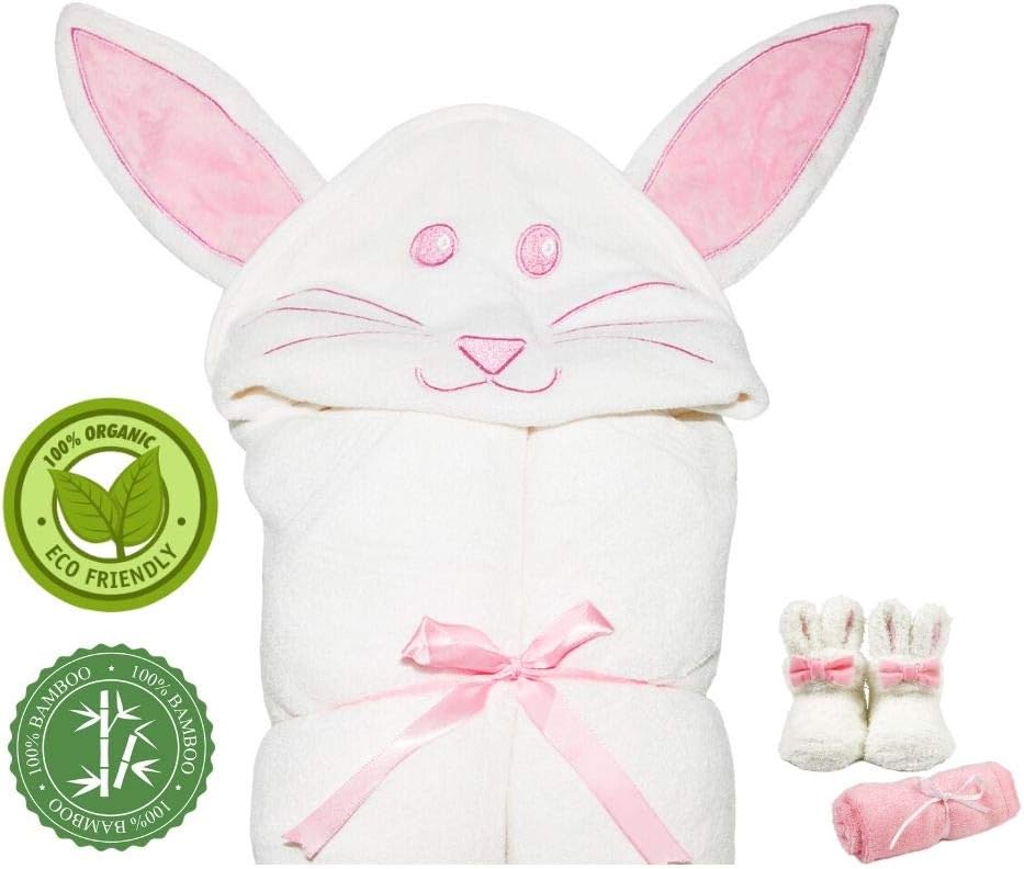 Adorable Little Ones Bunny Hooded Towel | Soft Organic Bamboo Bath Towel for Newborn & Toddler Girls | Cute Infant Shower Wrap with Bonus Booties & Washcloth | Best White & Pink (White & Pink, Small)