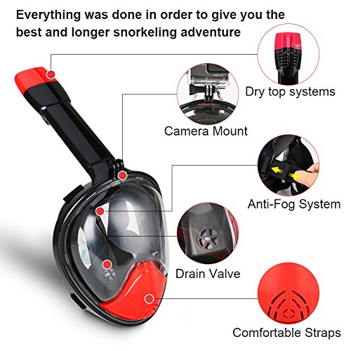 BFULL Newest Version Full Face Easy Breath Snorkel Mask 180° Panoramic Sea View Anti-fog Anti-leak Snorkeling Mask with Action Camera Mount and Soft Adjustable Head Straps For Kids and Adults