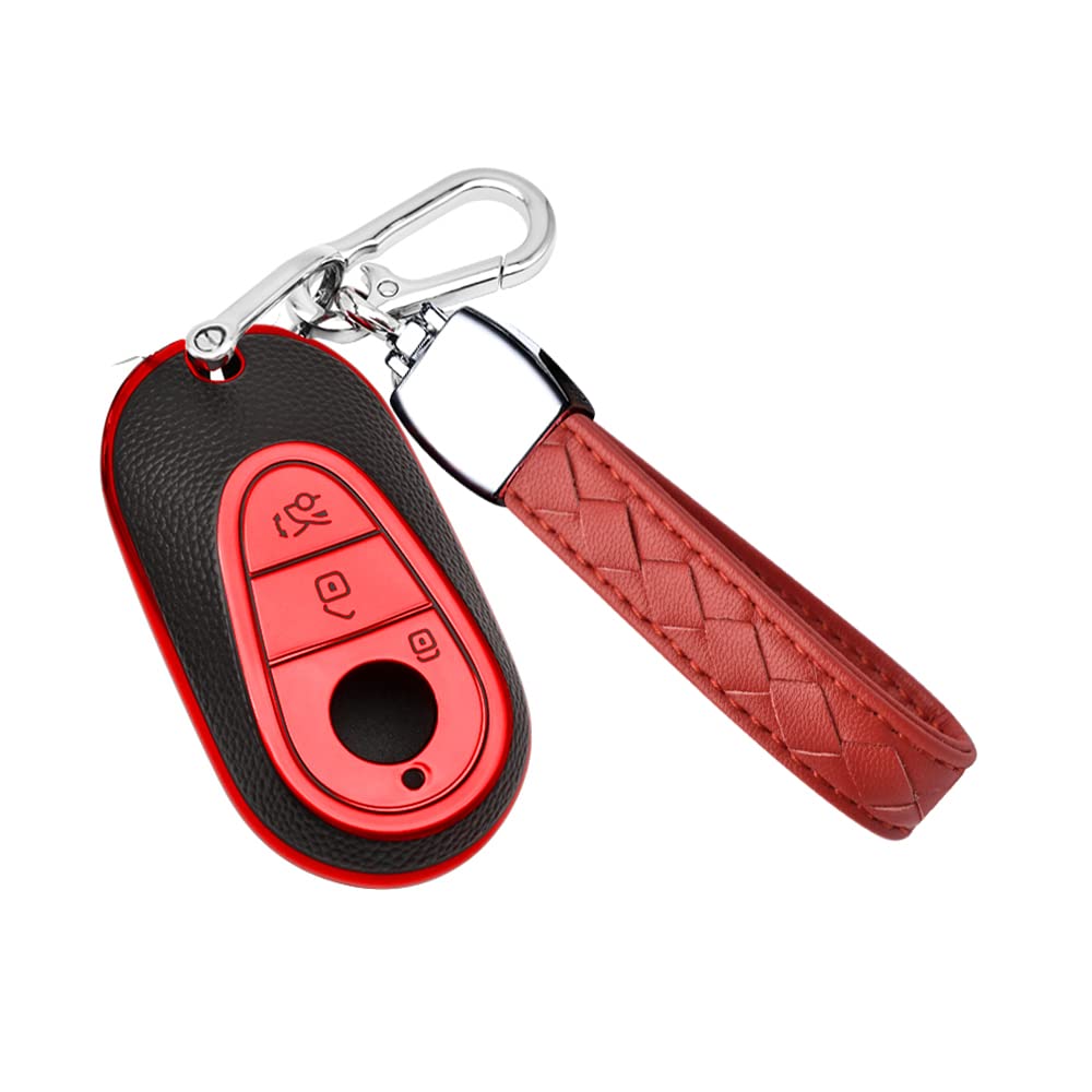 HIBEYO Smart Car Key Case Fits Mercedes S Class W223 Key Case for Benz C Class W206 S Class S300 S350 S400 S450 Key Fob Protective Case 3 Buttons TPU Leather Texture Red