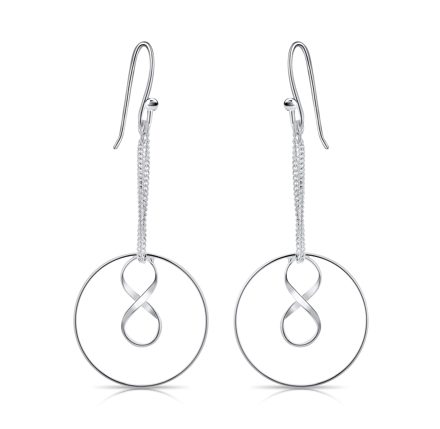 DTPSilver - 925 Sterling Silver Round Dangling Earrings with Infinity and Chain