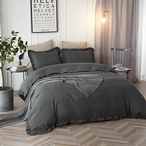 Hyprest Queen Duvet Cover Set Lightweight Soft Solid Color 3PC Bedding Set with Exquisite Flouncing Dark grey