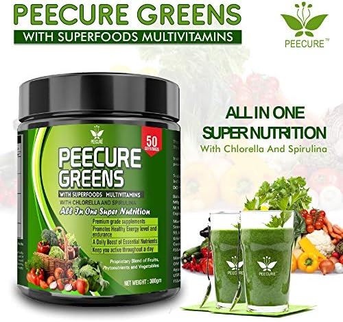 Peecure Superfood Herbs Green Food Multivitamin Powder with Chlorella, Spirulina,Green tea extract, Grass powder, Moringa,Flax seed,Buckwheat powder 300g