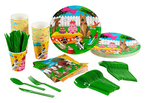 Disposable Dinnerware Set - Puppies 24-Set Paper Tableware - Party Supplies for Kids Birthday and Celebration, Including Knives, Spoons, Forks, Paper Plates, Napkins and Cups, Puppies