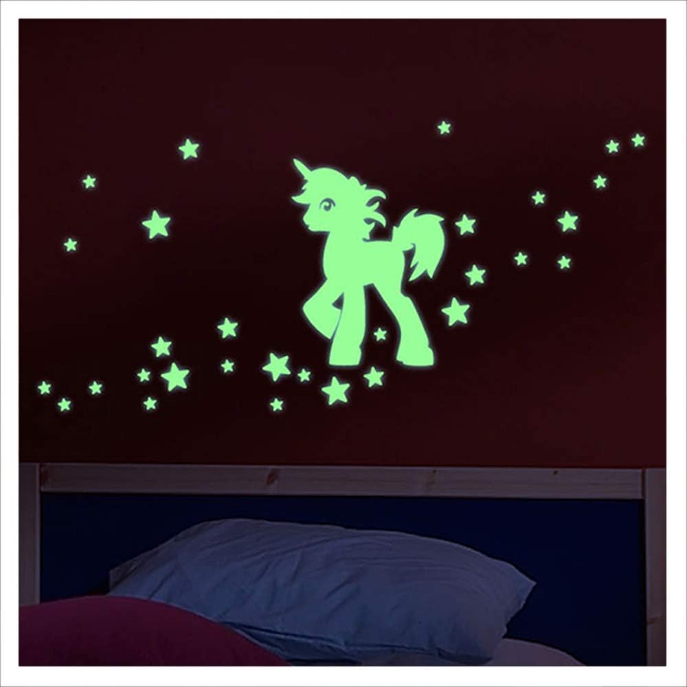 Ambiance-Live Glow in the dark unicorn with stars wall sticker decal - 20 x 20cm, 20 x 20 cm