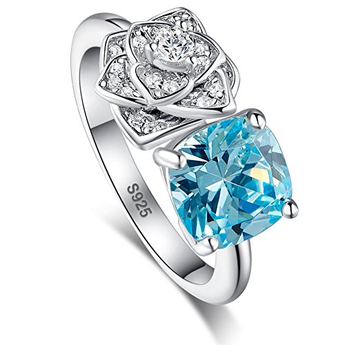 8x8mm Cushion Cut Simulated Blue Topaz 925 Sterling Silver Flower Ring for Women