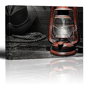 Painted red Lantern in a Rustic barn Cowboy...