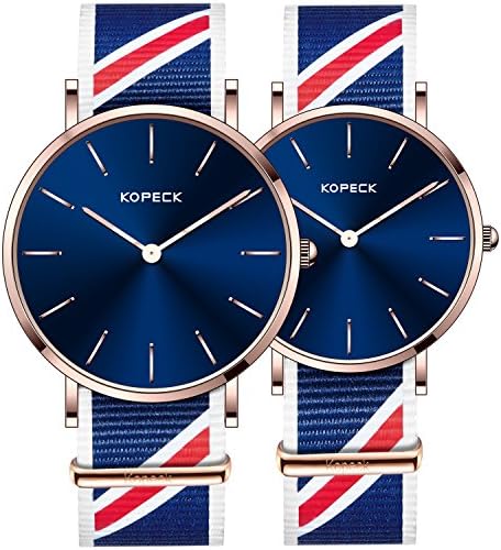 KOPECK His and Hers Ultra Thin Stainless Steel Quartz Wrist Couple Watches for Lovers (blue nylon)
