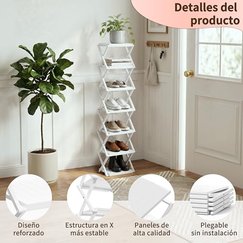 Veekovo Zapatero Vertical Estrechom, Zapatero Plegable portátil, sin instalación, Zapatero pequeño, pasillos, dormitorios y Espacios pequeños (Blanco, 7 Tier)