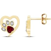 Cat Paw Print Heart Stud Earrings for Women Center 3MM Simulated Birthstone with White CZ Gemstone Studs in 14K Gold Plated 925 Sterling Silver Minimalist Dainty Jewelry Gift for Her