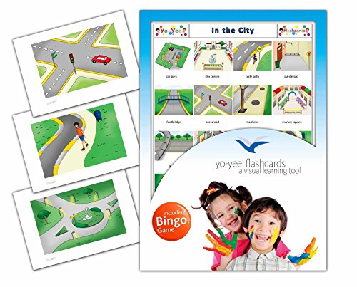 City Flash Cards in English with Matching Bingo Game Cards in One Set - Vocabulary Picture Cards for Toddlers, Kids, Children and Adults - Size 4.13  5.83 in - DIN A6