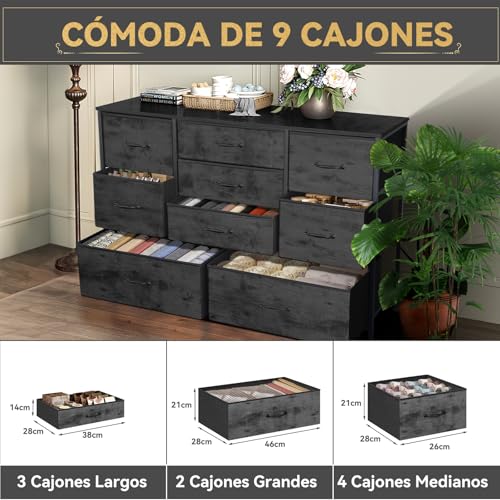 FURRIFIC Cómoda Gran Capacidad de 9 Cajones,100 * 75 * 30cm,Cajonera para Recamara,Ropa,Hogar Y Oficina,Organizador Cajonera de Estructura Metal con Cajones de Tela en 3 Tamaños,Negro