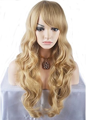 Women Girls Long Loose Body Water Wave Blonde Wigs for Girls Heat Resistant Synthetic Full Wig Cosplay Party Wigs (Golden) +Wig Cap+Eyelash
