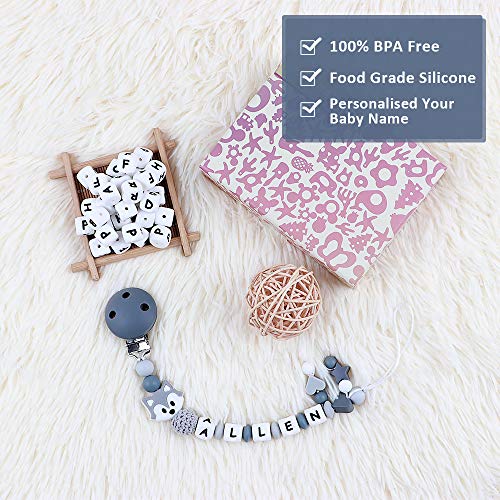 Pacifier Clip Personalized Name, MCGMITT Customized Fox Binky Holder Teething Silicone Beads for Baby Girls Boys (Grey)