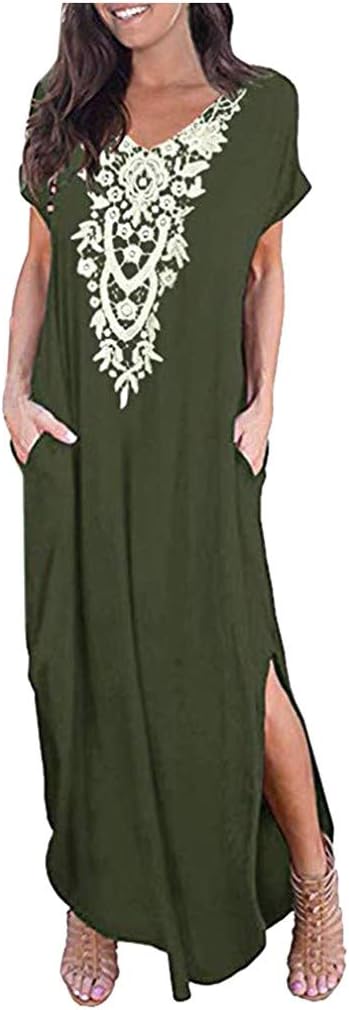 Summer Plain Dress, Women's Casual Short Sleeves Long Sleeves Crewneck Side Split Loose Maxi Dress