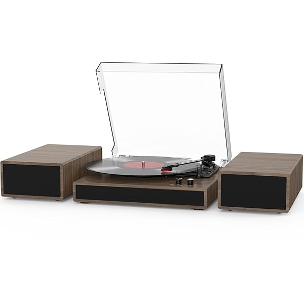 VINYL RECORD PLAYER WITH DUAL STEREO BOOKSHELF SPEAKERS...